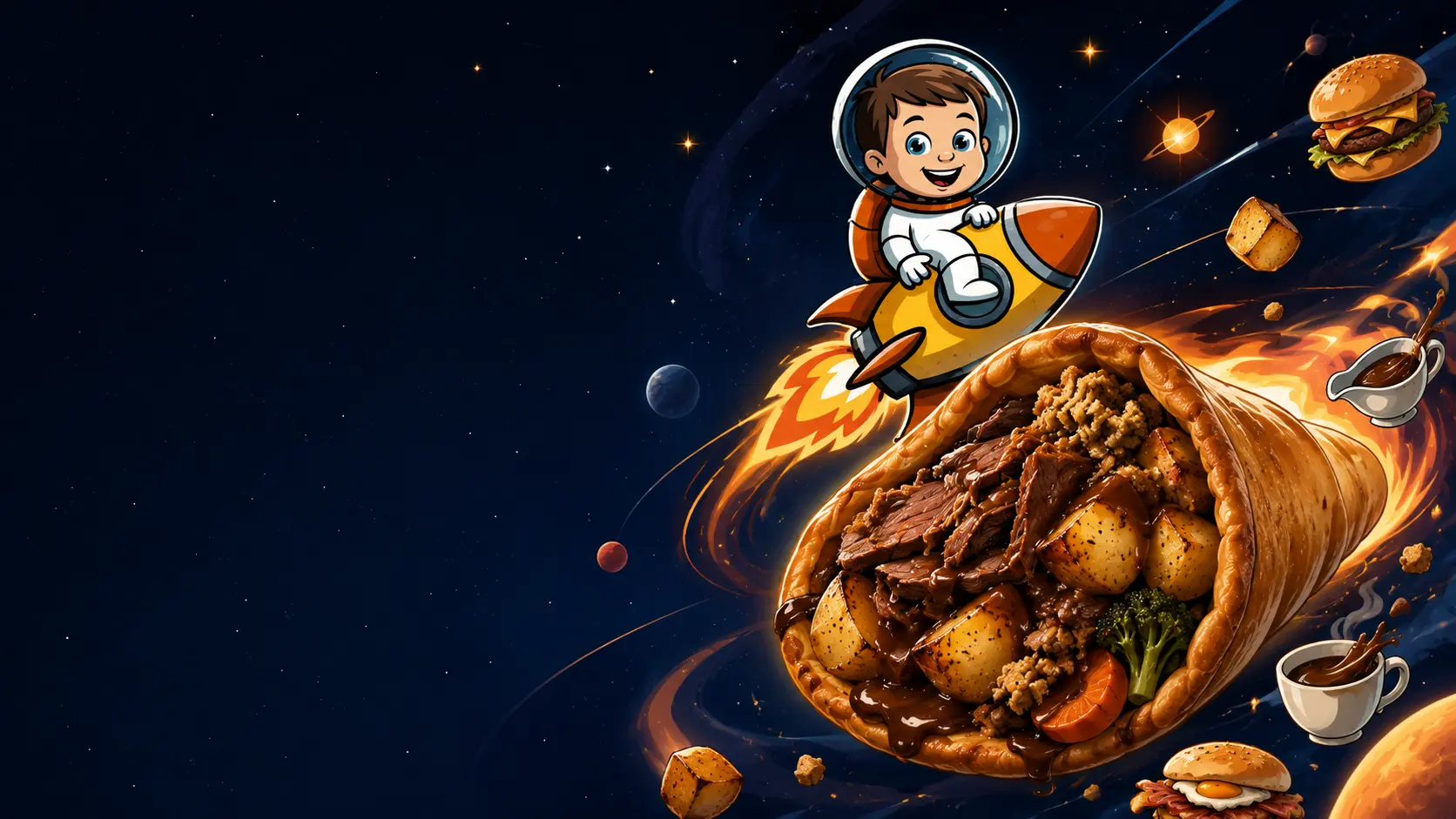 Rocket Ron's mascot riding a rocket beside a giant Yorkshire pudding wrap loaded with roast beef, roast potatoes, stuffing and gravy
